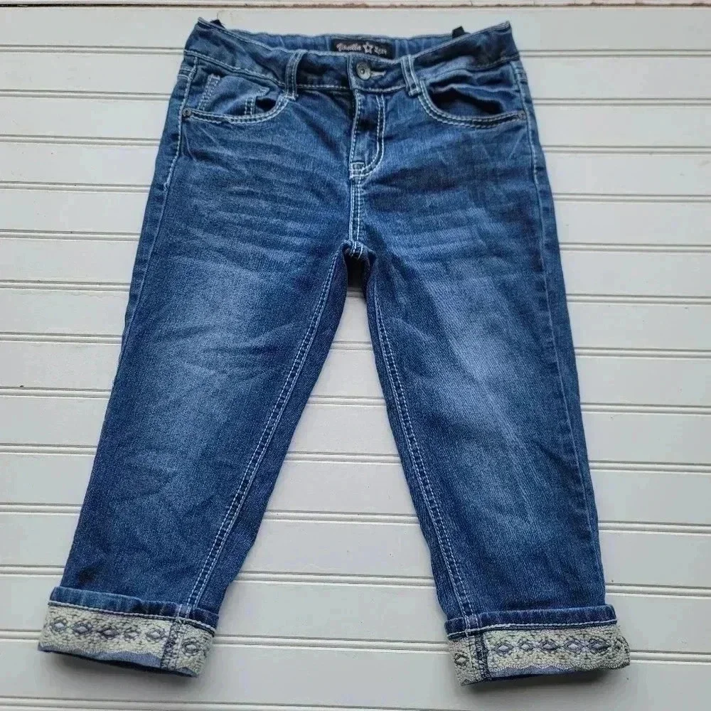VANILLA STAR Girls Sz 12 Blue Cropped Capri JEANS Embroidered Adjastable Waist